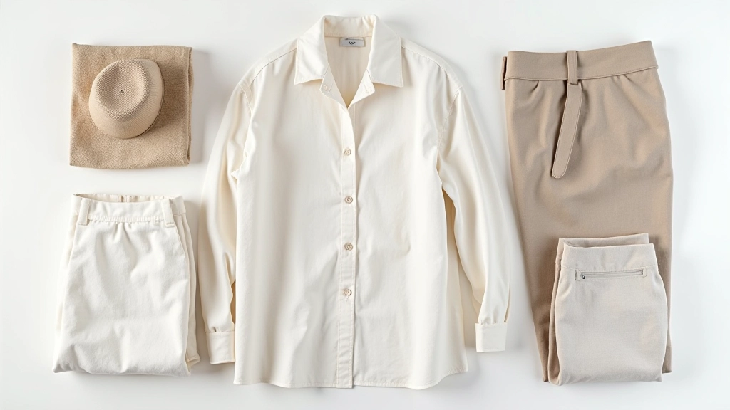 Flat lay overhead shot of seasonal wardrobe transition with light neutral fabrics and accessories arranged neatly on neutral background