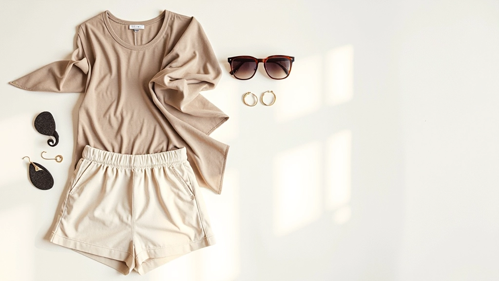 Flat lay arrangement of seasonal clothing pieces including light scarf, sunglasses, and neutral accessories on linen fabric