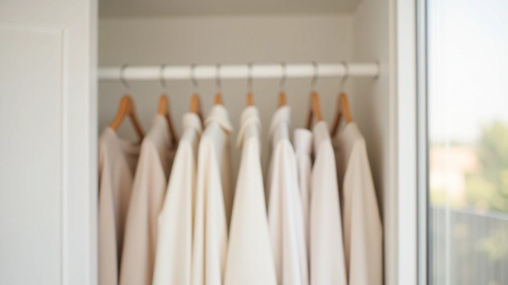 Minimalist closet space with white hangers holding neutral-colored garments, clean organized shelving, bright natural daylight from window