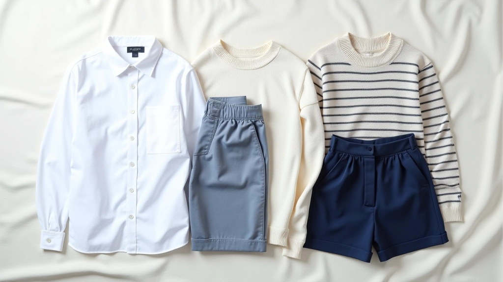 Flat lay of four folded tops and bottoms in neutral colors arranged on cream fabric background