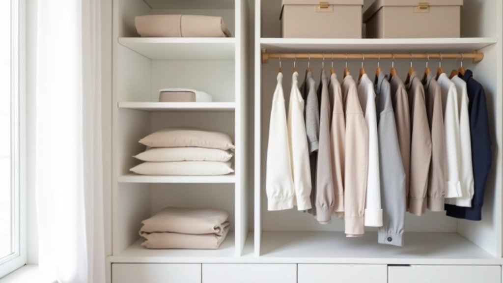 Neatly organized closet with color-coordinated clothing items hanging in order, neutral palette, natural window light