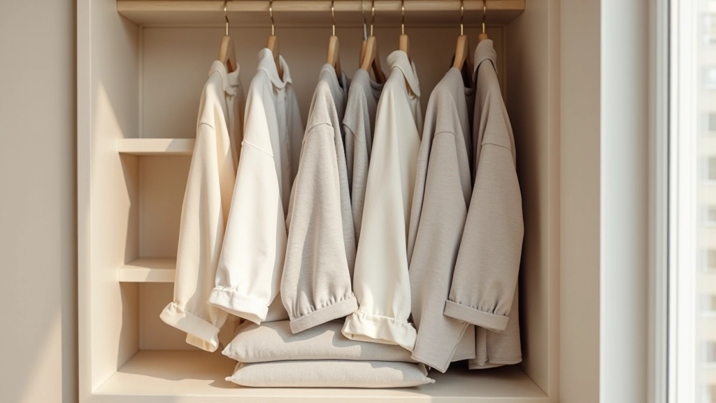 Neatly folded neutral clothing items arranged by color on a wooden shelf in natural morning light
