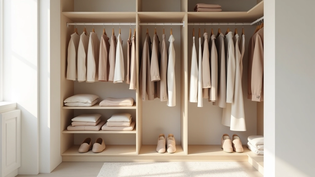Organized minimalist closet with neutral tones