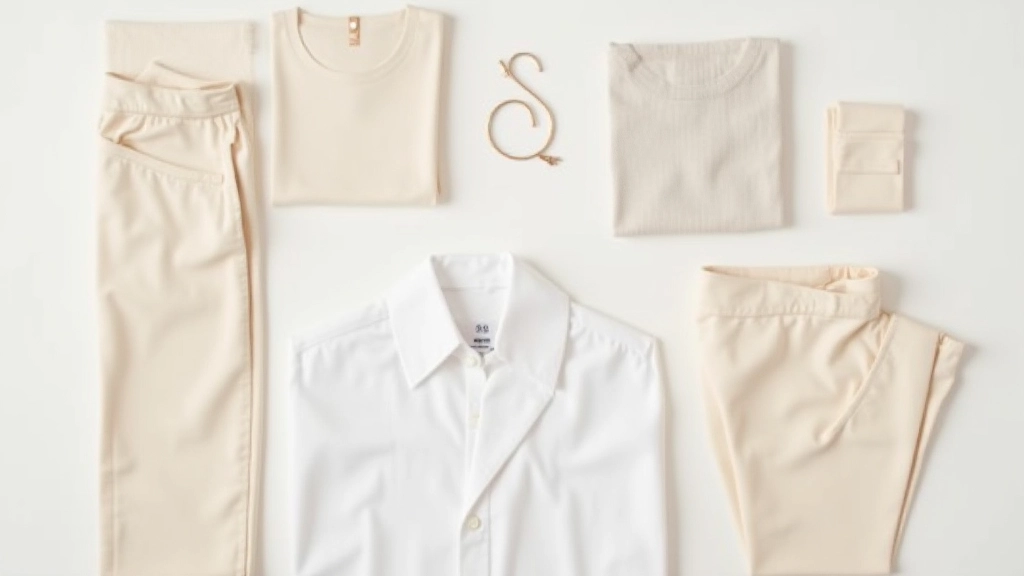 Organized neutral clothing pieces arranged on a light background