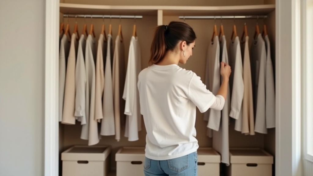 Person organizing wardrobe with color-coordinated hangers and labeled storage boxes for seasonal rotation