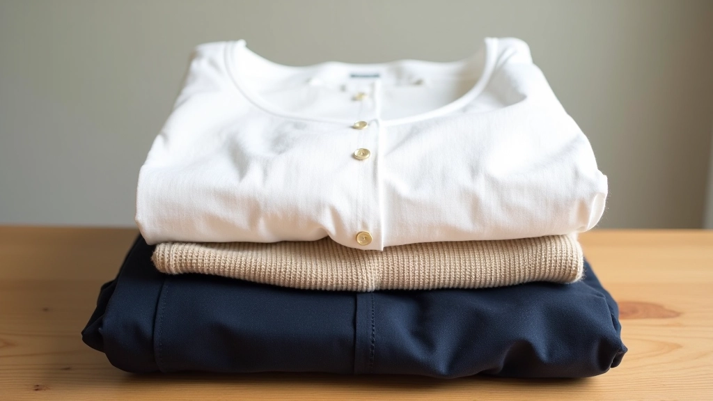 Close-up of white linen shirt, navy trousers, and beige sweater stacked on wooden surface