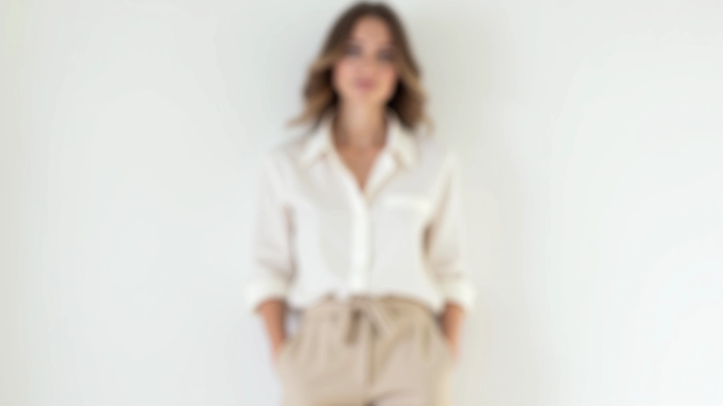 Woman in neutral-toned layered outfit standing against white wall in natural daylight