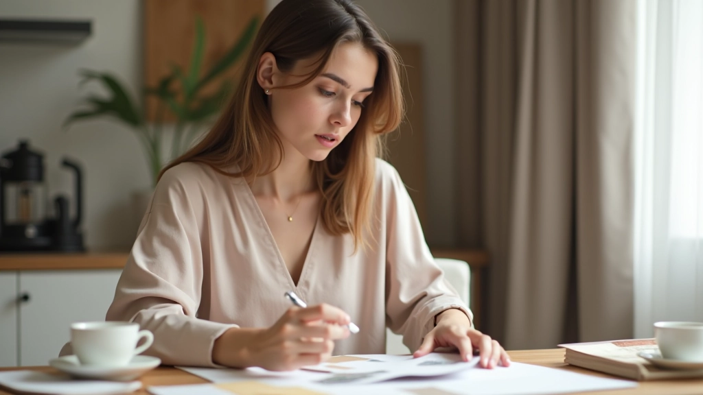 Fashion student studying fabric swatches and color palettes